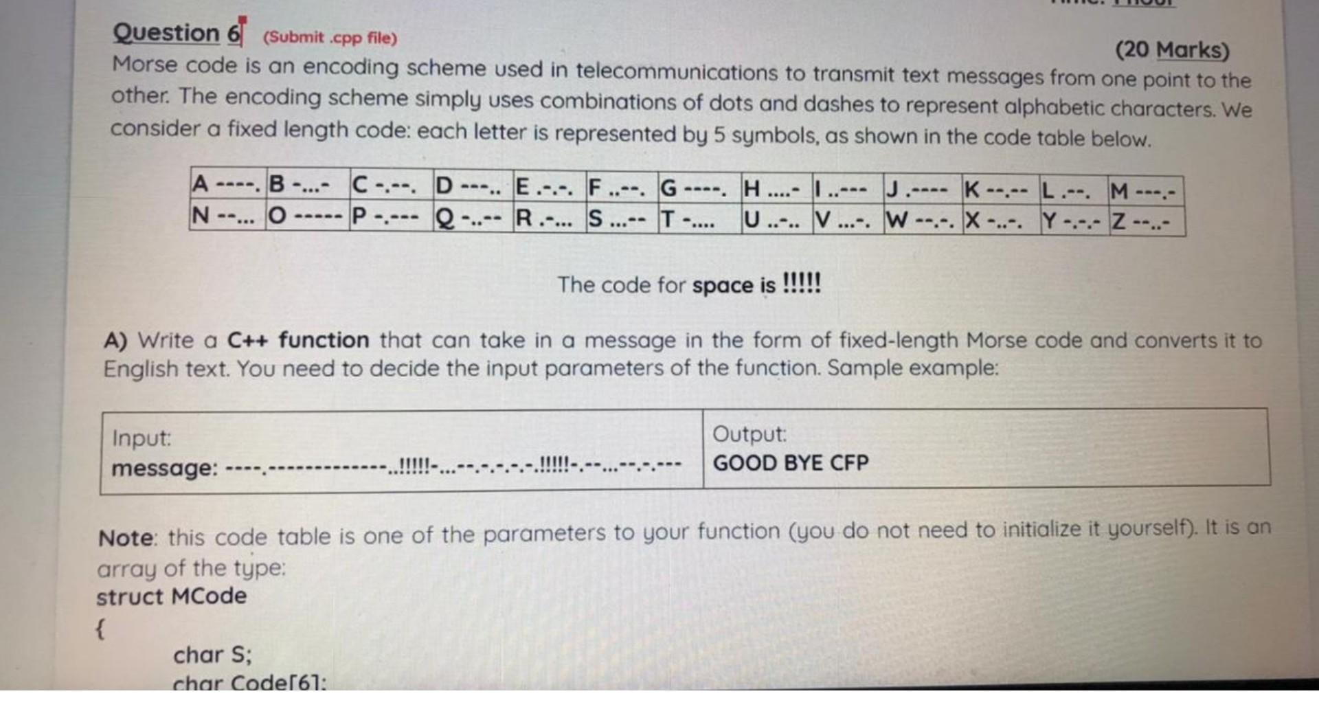 Question 6 (Submit.cpp file) (20 Marks) Morse code is | Chegg.com