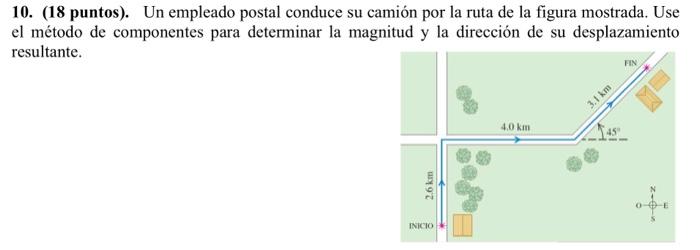 10. (18 puntos). Un empleado postal conduce su camión por la ruta de la figura mostrada. Use el método de componentes para de