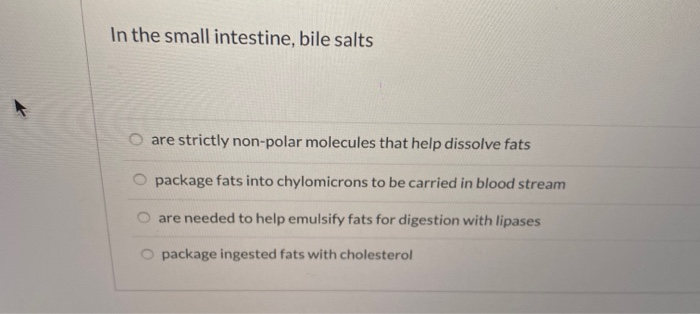 Solved In the small intestine, bile salts o are strictly | Chegg.com