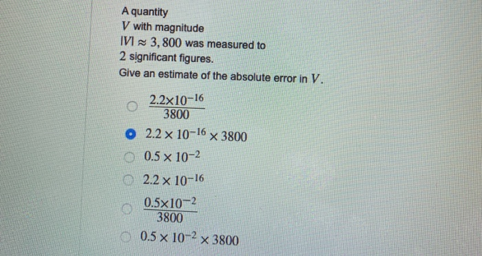 Solved A quantity V with magnitude IV 3,800 was measured to | Chegg.com