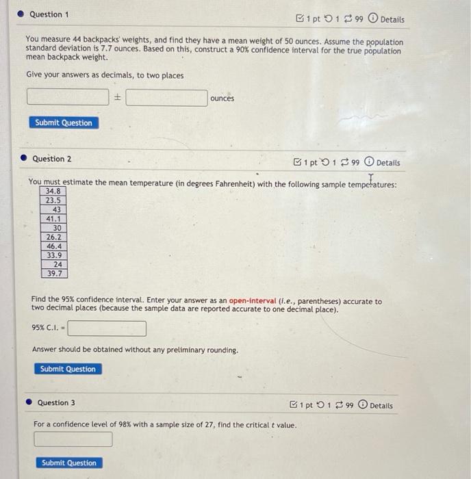 Solved Question 1 1 pt 199 Details You measure 44 backpacks | Chegg.com