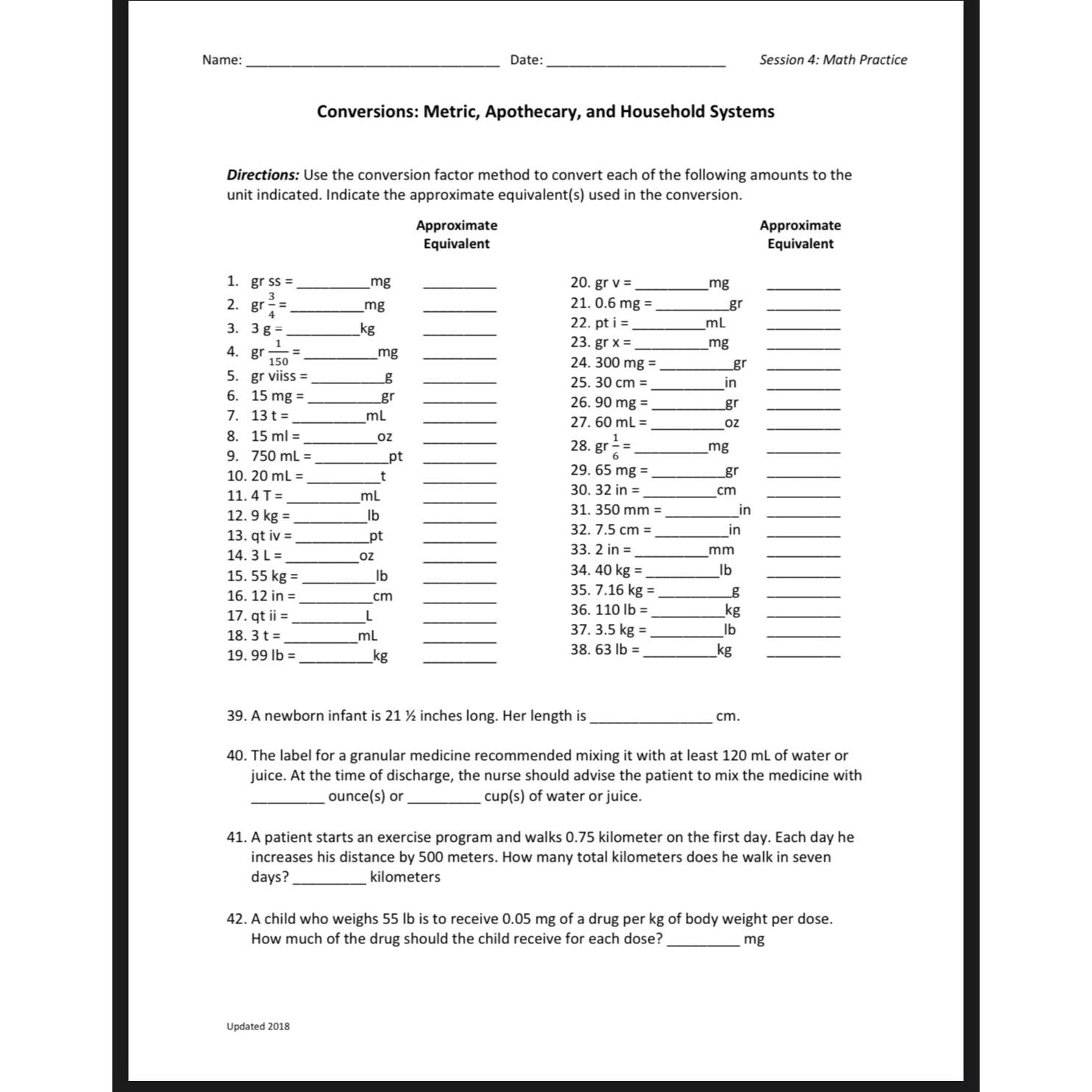 Solved Name:Date:Session 4: Math PracticeConversions: | Chegg.com
