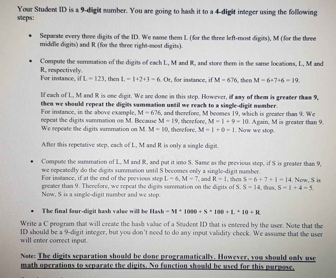 Solved Your Student ID is a 9-digit number. You are going to | Chegg.com