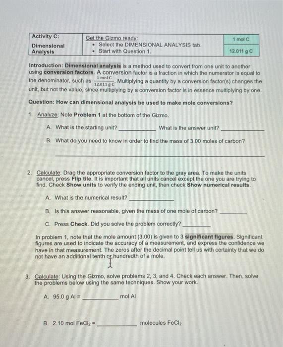 Solved 1 Mol Activity C Dimensional Analysis Get The Giz Chegg Com