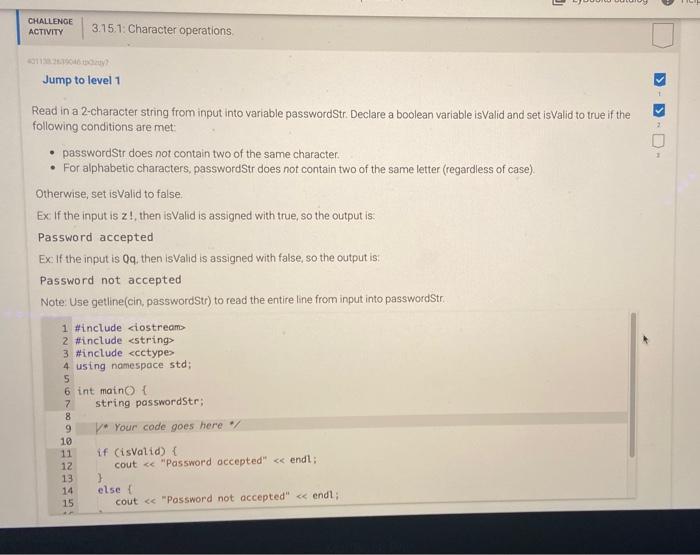 Solved CHALLENGE ACTIVITY Jump To Level 1 3.15.1: Character | Chegg.com