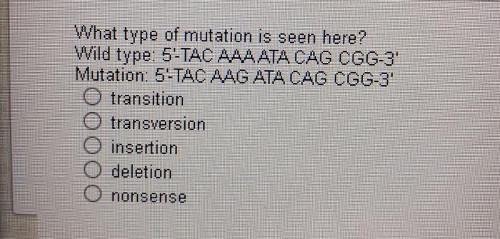Solved What type of mutation is seen here? Wild type: 5-TAC | Chegg.com