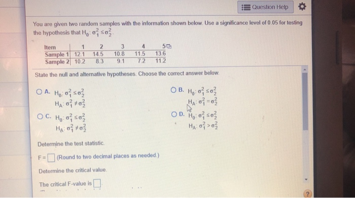 Solved Question Help You are given two random samples with | Chegg.com