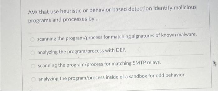 Solved AVs that use heuristic or behavior based detection | Chegg.com