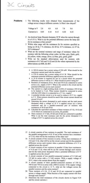 Solved DC Circuits Problems 1 The following team were | Chegg.com