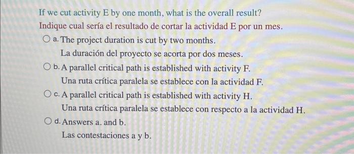 If we cut activity \( \mathrm{E} \) by one month, what is the overall result? Indique cual sería el resultado de cortar la ac