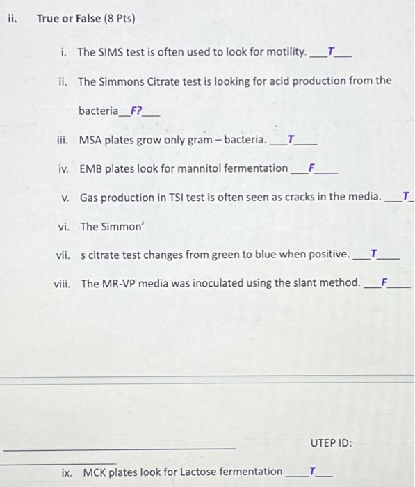 Solved True or False ( 8 Pts) i. The SIMS test is often used | Chegg.com