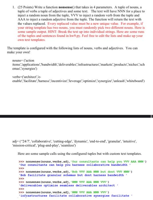 Solved 1. (25 Points) Write a function nonsense() that takes | Chegg.com