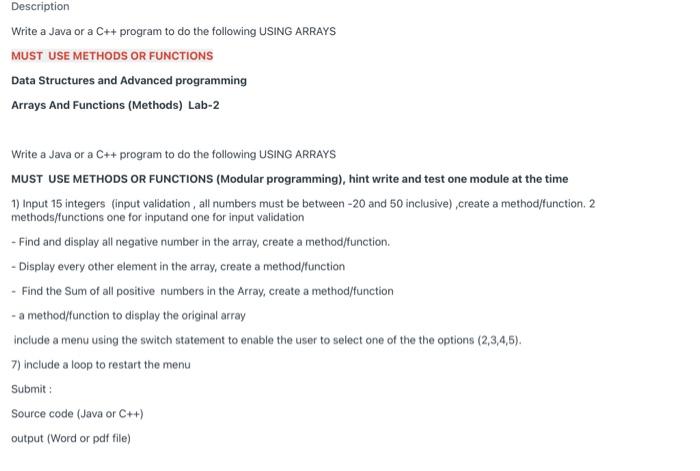 Solved Description Write a Java or a C++ program to do the | Chegg.com