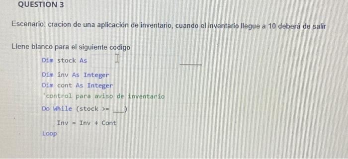 Escenario: cracion de una aplicación de inventario, cuando el inventario llegue a 10 deberá de salir Llene blanco para el sig