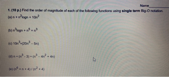 Solved Name 1. (10 P.) Find The Order Of Magnitude Of Each | Chegg.com