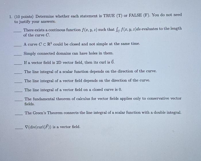 Solved 1. (10 points) Determine whether each statement is | Chegg.com