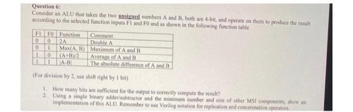 Solved Question 6: Consider an ALU that takes the two | Chegg.com