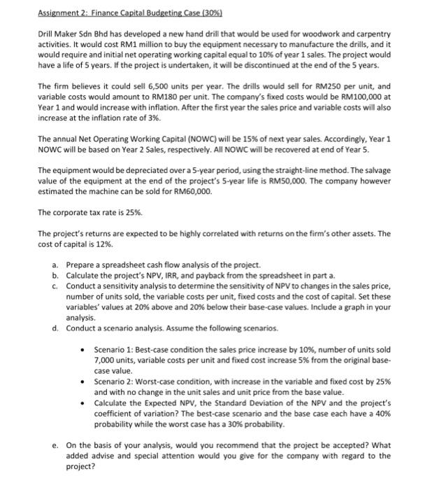 Solved Assignment 2: Finance Capital Budgeting Case (30\%) | Chegg.com