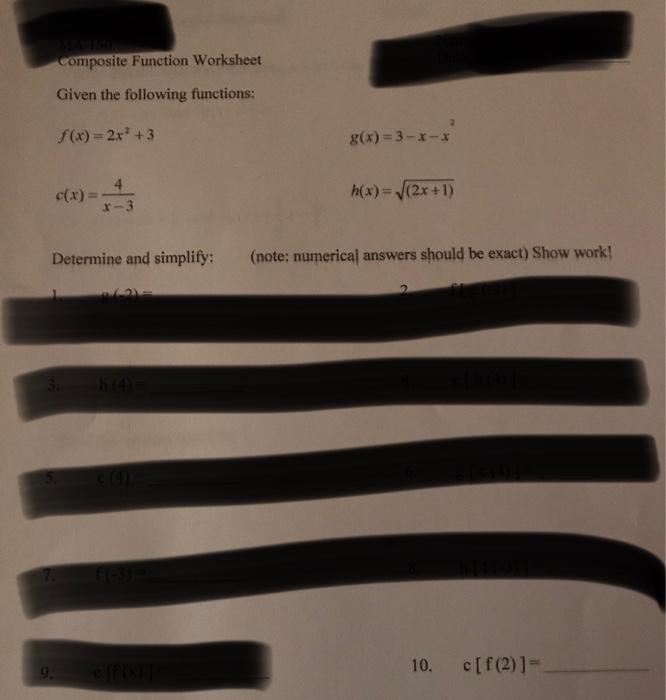 Solved composite Function Worksheet Given the following | Chegg.com