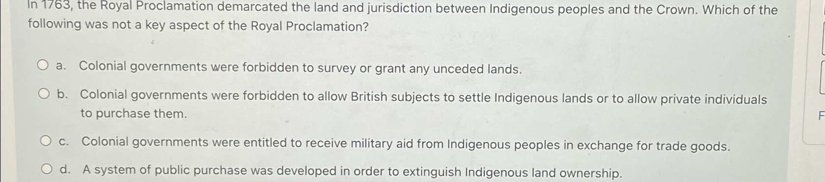 Solved In 1763, ﻿the Royal Proclamation demarcated the land | Chegg.com