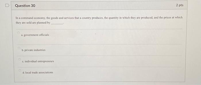 Solved Question 30 In a command economy, the goods and | Chegg.com