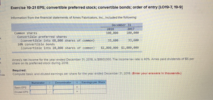 Solved Exercise 19-21 EPS; convertible preferred stock; | Chegg.com