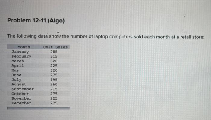 The following data showy the number of laptop computers sold each month at a retail store: