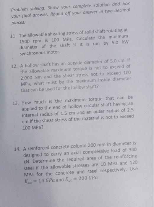 Solved Problem solving. Show your complete solution and box | Chegg.com