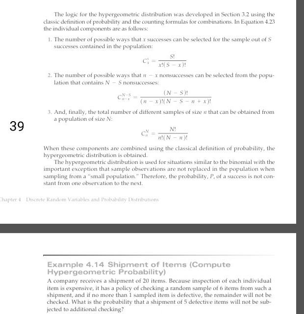 Solved The logic for the hypergeometric distribution was | Chegg.com