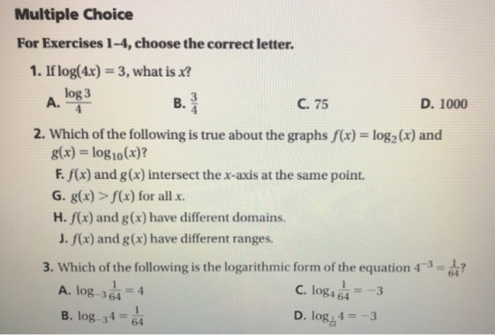 Solved Multiple Choice For Exercises 1-4, choose the correct | Chegg.com
