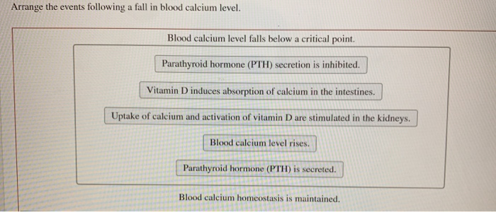 Solved Arrange the events following a fall in blood calcium | Chegg.com