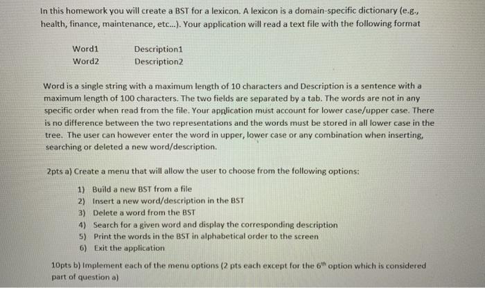 Solved In this homework you will create a BST for a lexicon. | Chegg.com