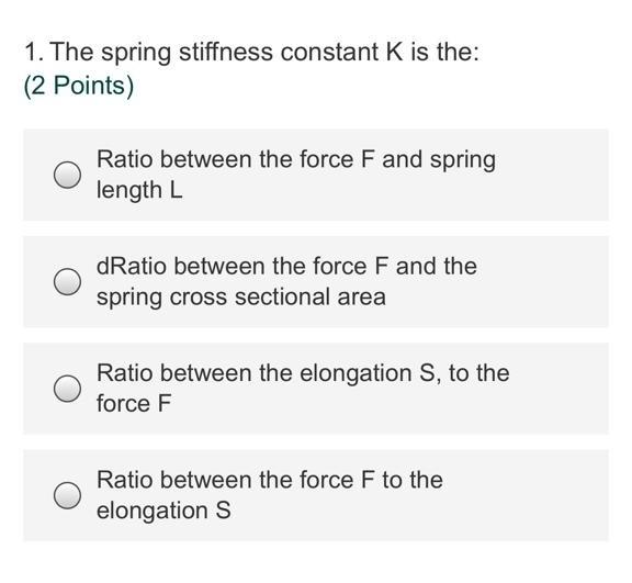 Solved 1. The spring stiffness constant K is the: (2 Points) | Chegg.com