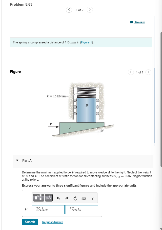 Solved problem 8.63. ﻿The spring is compressed a distance of | Chegg.com