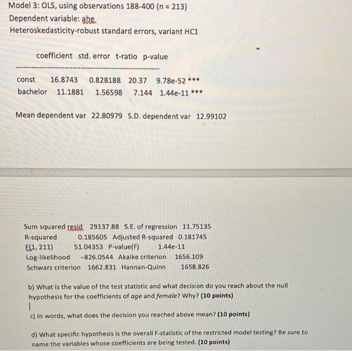 Solved Model 3: OLS, Using Observations 188-400 (n = 213) | Chegg.com