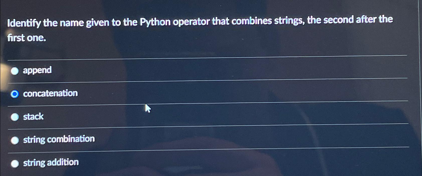 Solved Identify the name given to the Python operator that | Chegg.com