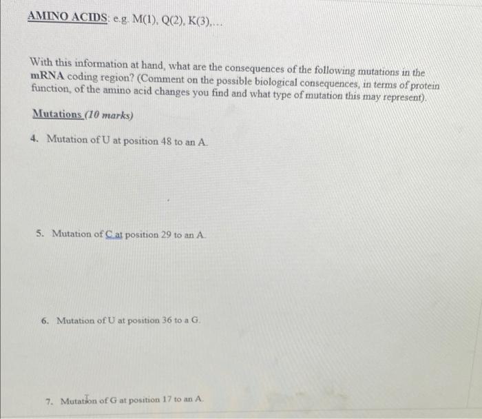 AMINO ACIDS: e.g. M(1), Q(2). K(3)…. With this | Chegg.com