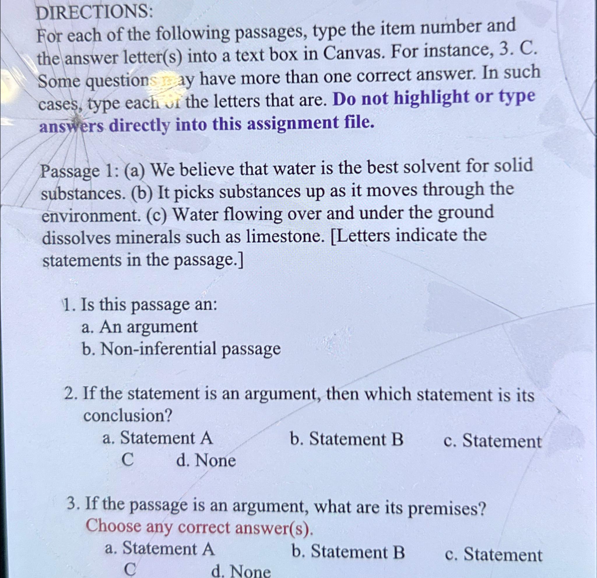 Solved DIRECTIONS:For Each Of The Following Passages, Type | Chegg.com