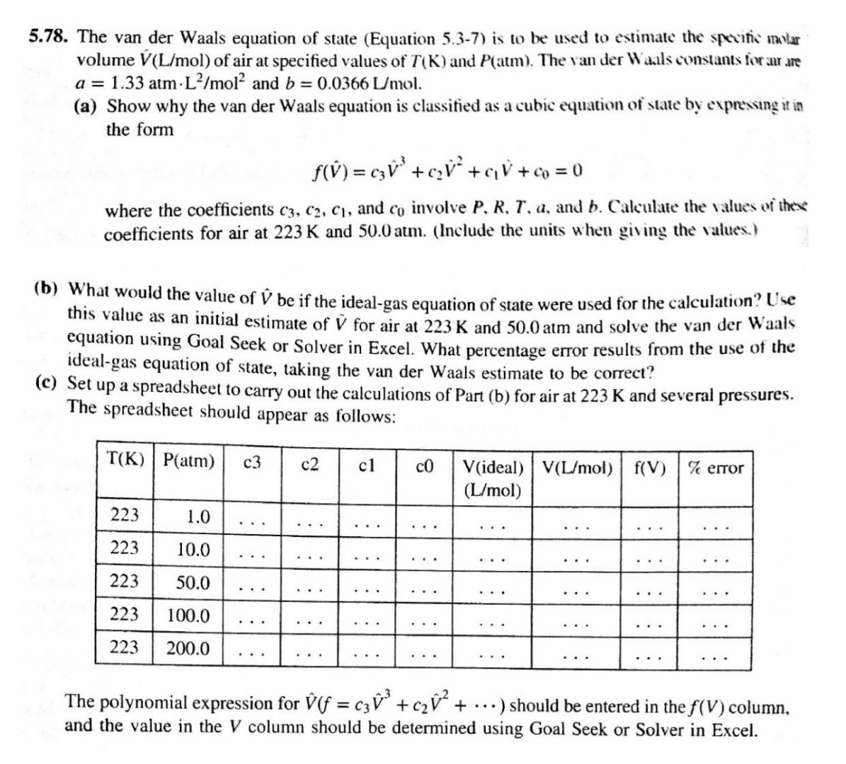 Solved 5.78. The van der Waals equation of state (Equation | Chegg.com