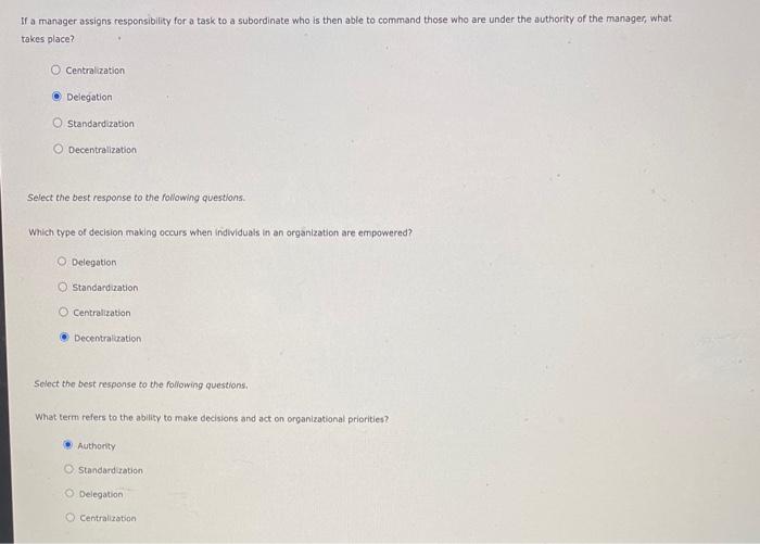 Solved If a manager assigns responsibility for a task to a | Chegg.com