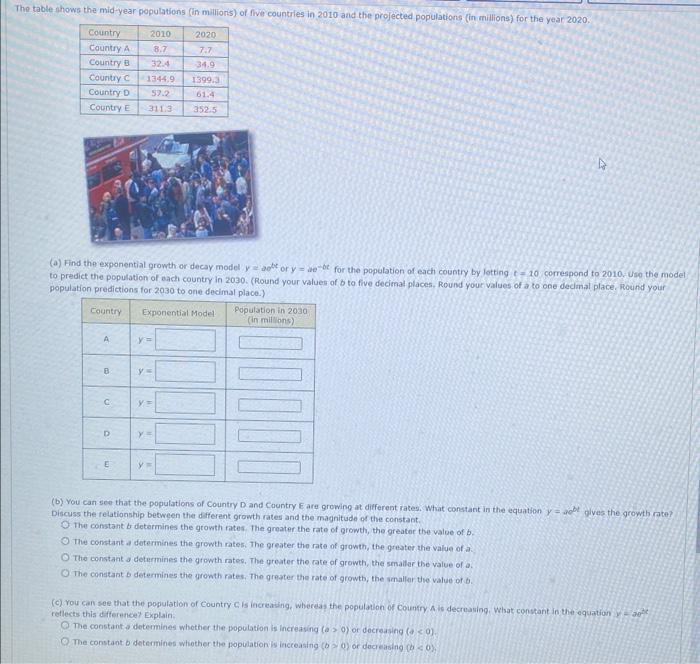 Solved (a) Find the exponential growth or decay model y=aatt | Chegg.com