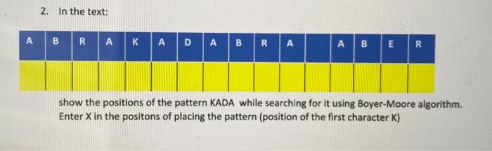 2. In the text:
show the positions of the pattern KADA while searching for it using Boyer-Moore algorithm. Enter \( \mathrm{X