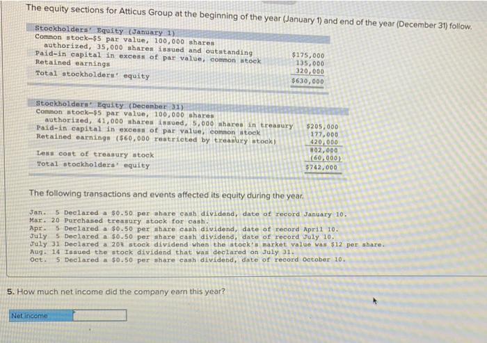 Solved The Equity Sections For Atticus Group At The Chegg Com