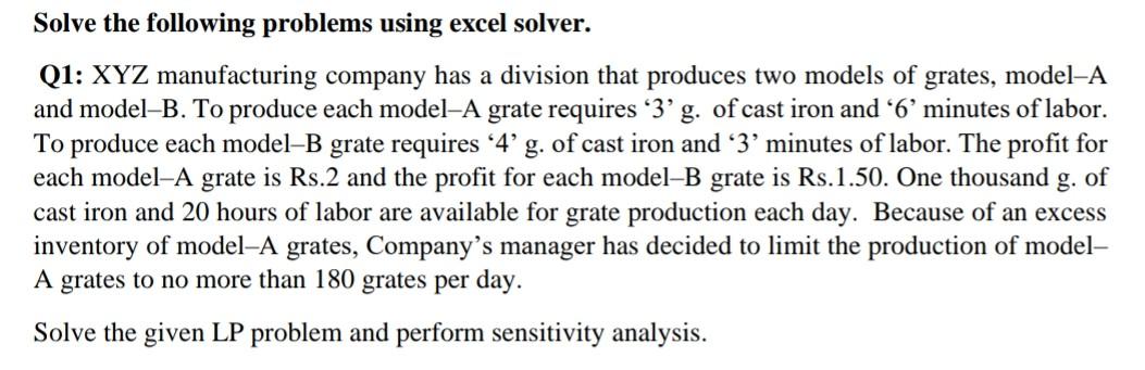 Solved Solve the following problems using excel solver. Q1: | Chegg.com