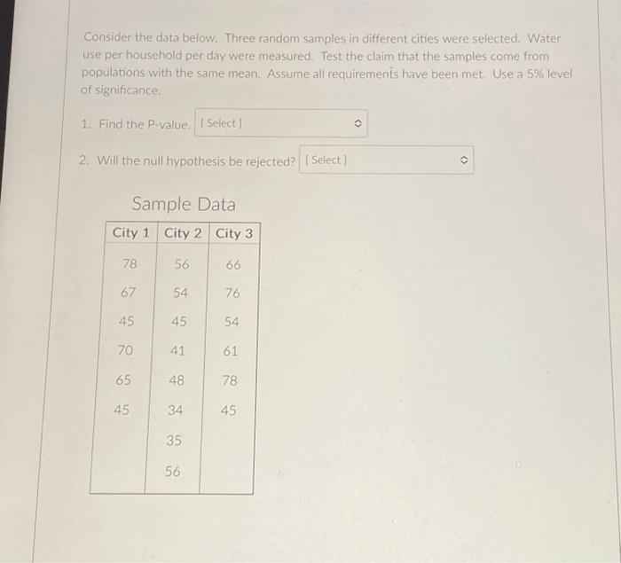 Consider the data below. Three random samples in different cities were selected. Water use per household per day were measure