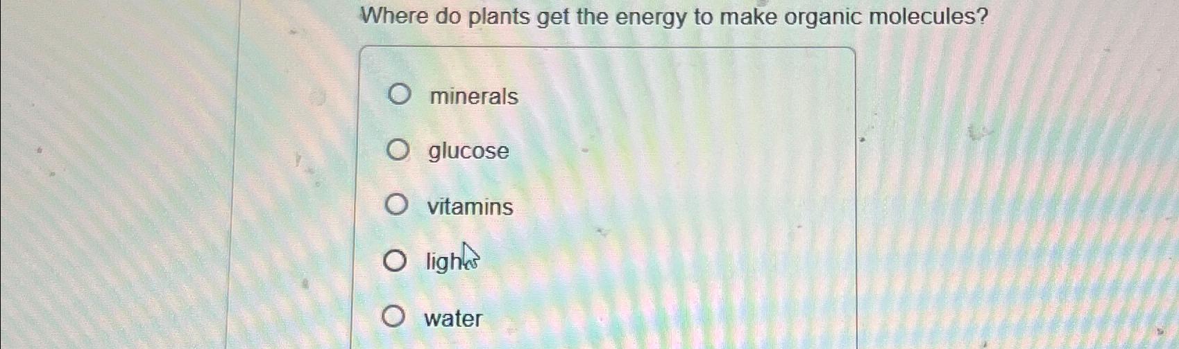 Solved Where do plants get the energy to make organic