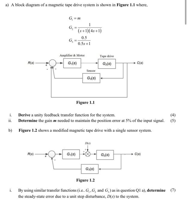 a) A block diagram of a magnetic tape drive system is shown in Figure \( 1.1 \) where,
\[
\begin{array}{l}
G_{1}=m \\
G_{2}=\