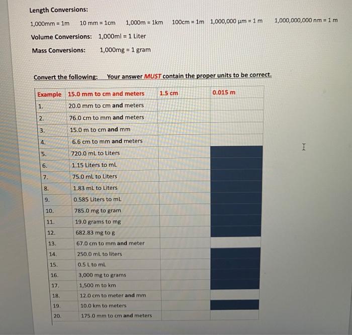 Solved Length Conversions 1 000mm 1m 10 Mm 1cm 1 000m Chegg Com