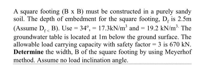 Solved A Square Footing (B×B) Must Be Constructed In A | Chegg.com