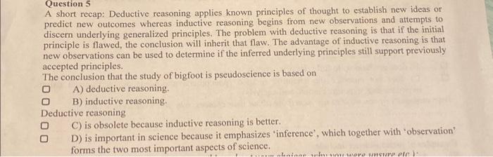 Question 5 A short recap: Deductive reasoning applies | Chegg.com